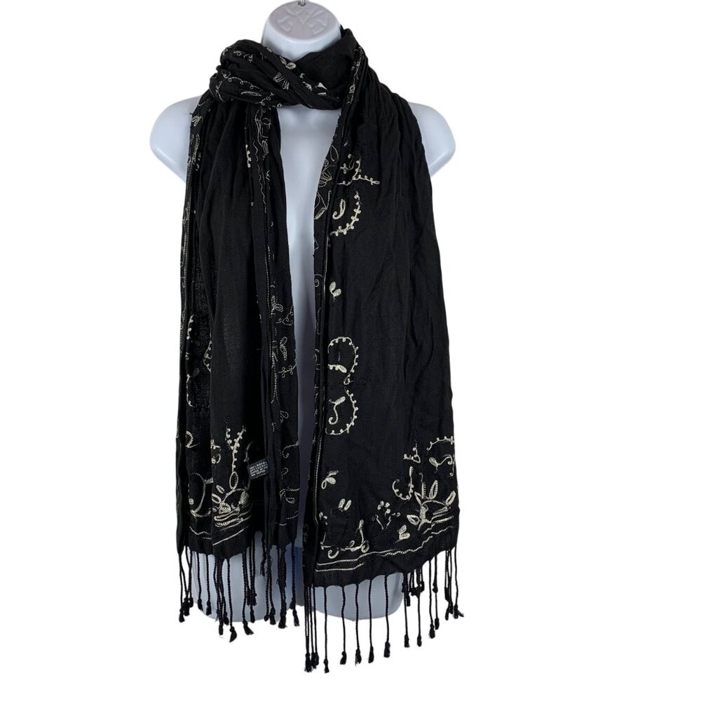 Black Floral Embroidered 100% Rayon Scarf Shawl w/ Fringe + Sequins By Cashmina